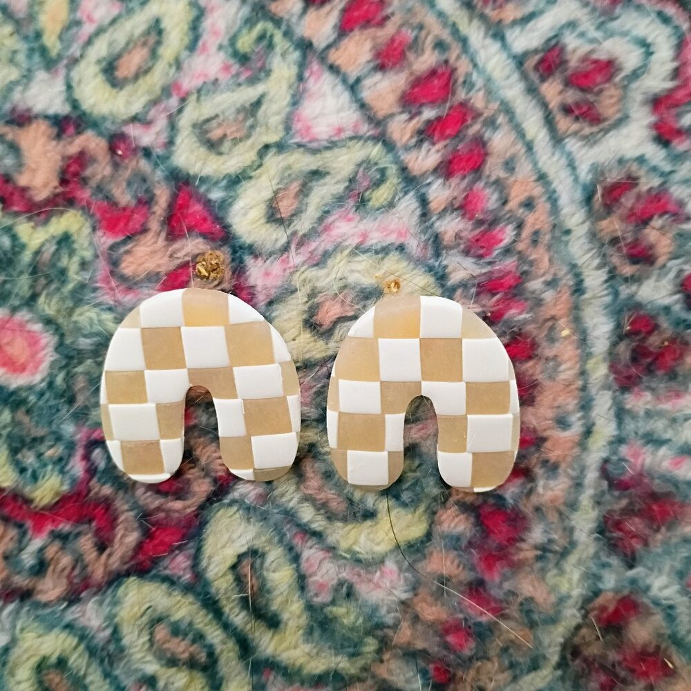 Handmade Translucent and White Checker Arch Stud Earrings